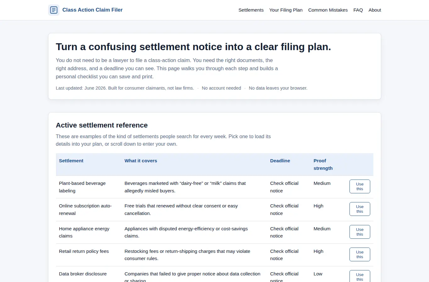 Screenshot of Class Action Claim Filer interface showing the project page in use